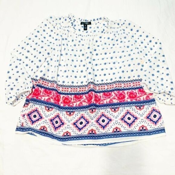 AQUA Size S White Ruffle V-Neck Blue Floral 3/4 Sleeves Blouse - Picture 1 of 6